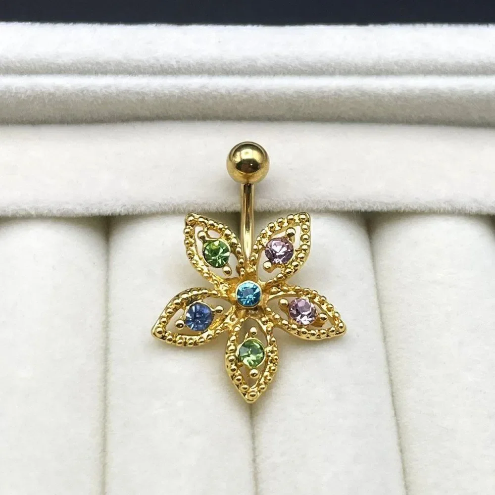316L Stainless Steel with Multocolored Cubic Zirconia Flower 14G Belly Ring